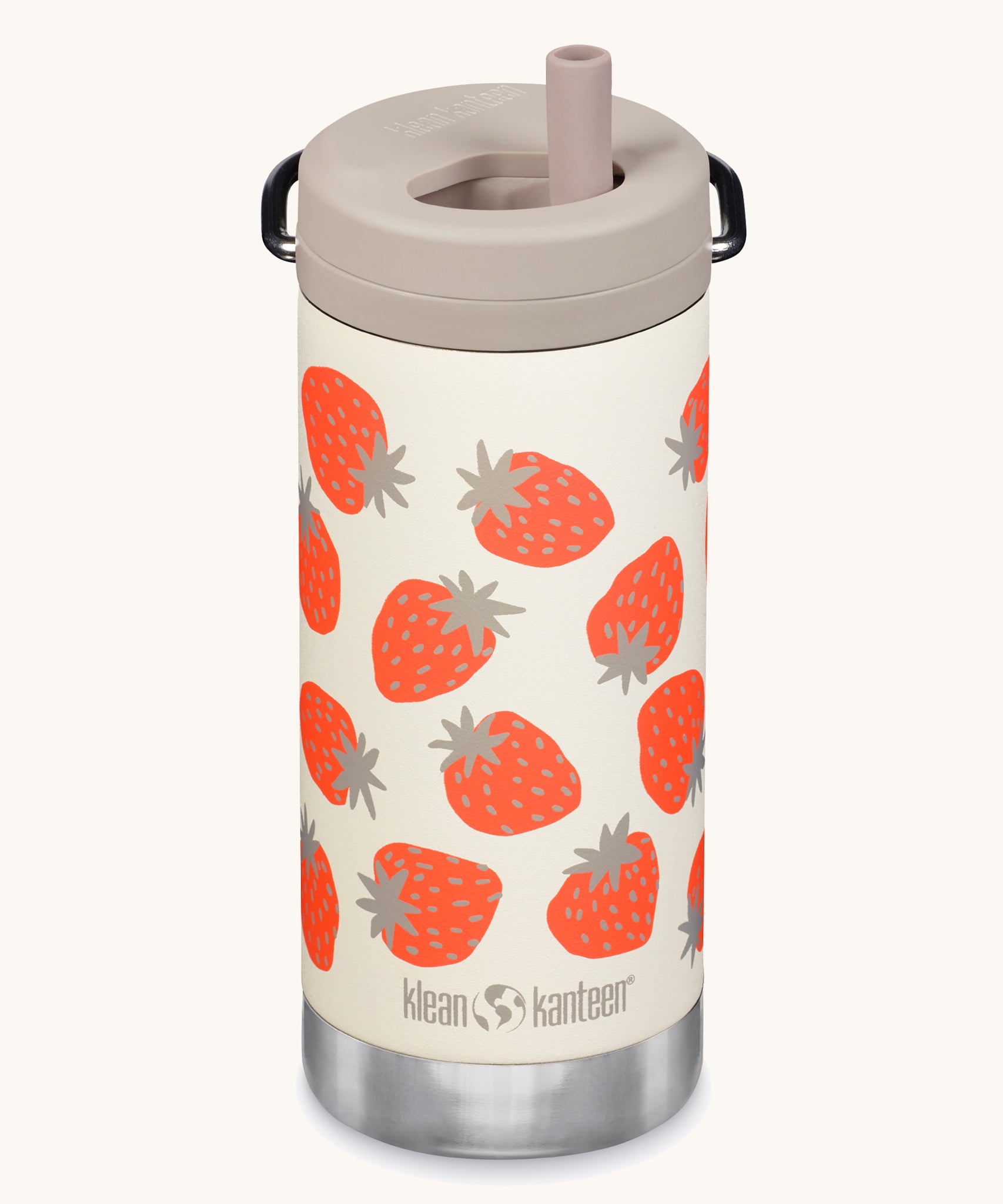 The Klean Kanteen 12oz Tofu Strawberries Print TKWide with taupe Twist Cap on a plain background.