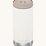 A Klean Kanteen 12oz TKWide Cafe in the off white tofu colour with a taupe coloured lid on a plain background.