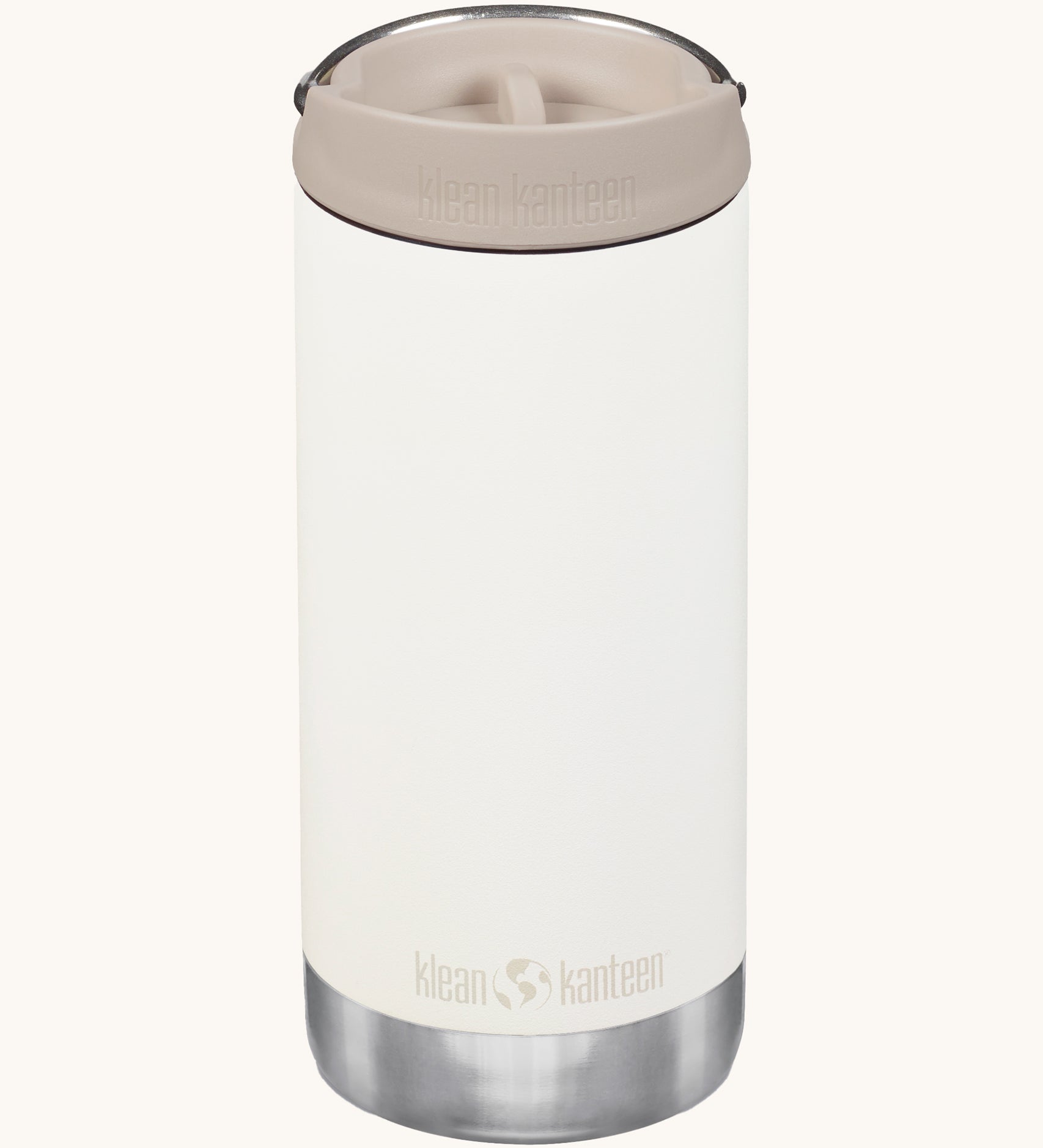 A Klean Kanteen 12oz TKWide Cafe in the off white tofu colour with a taupe coloured lid on a plain background.