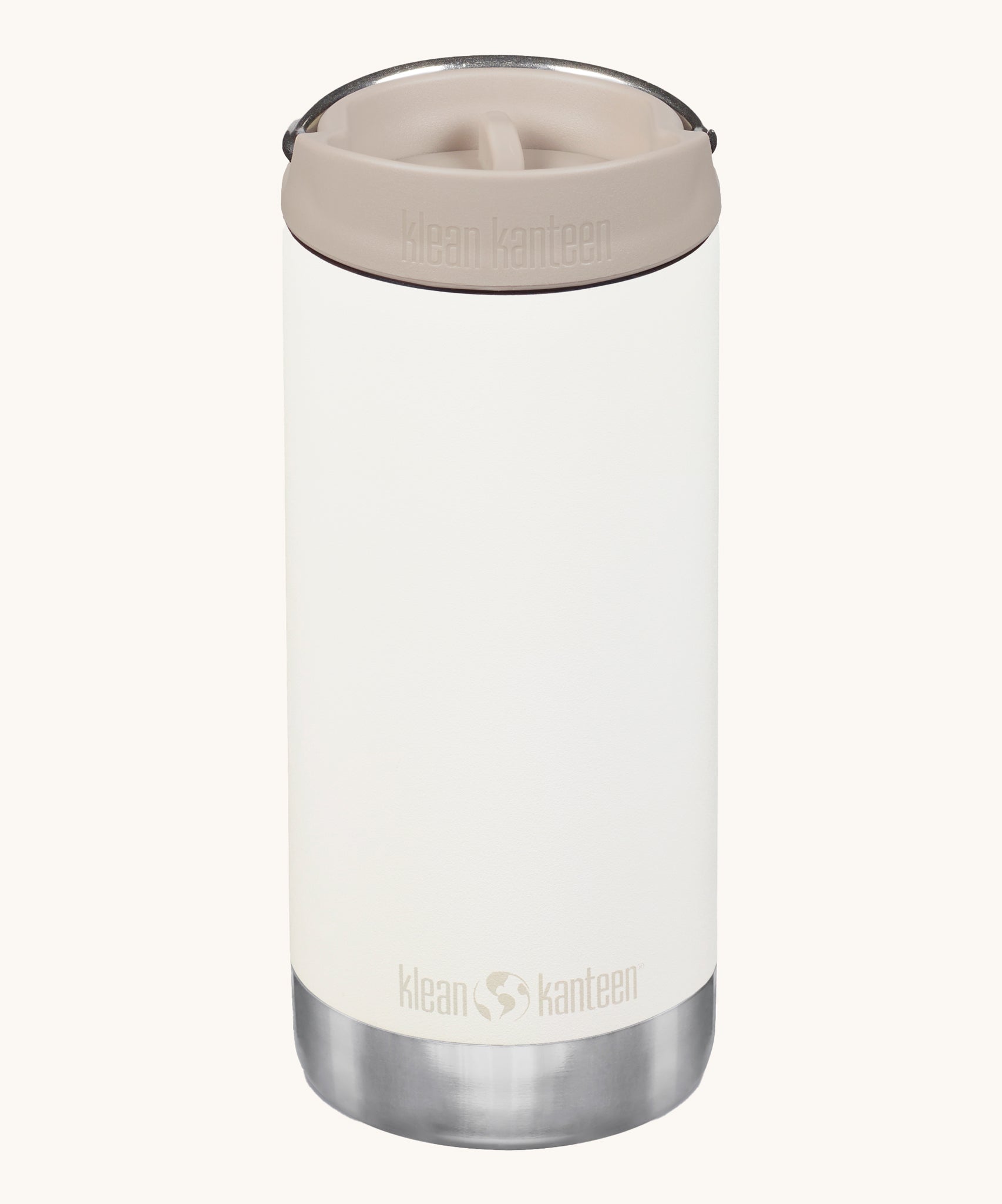 A Klean Kanteen 12oz TKWide Cafe in the off white tofu colour with a taupe coloured lid on a plain background.