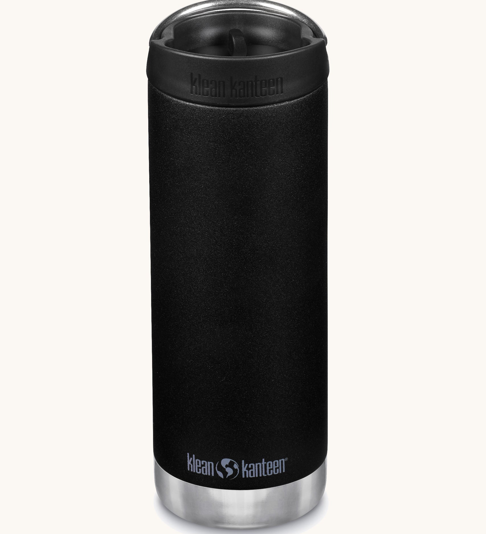 A Klean Kanteen 16oz TKWide in black colour with black Cafe cap on a plain background. 