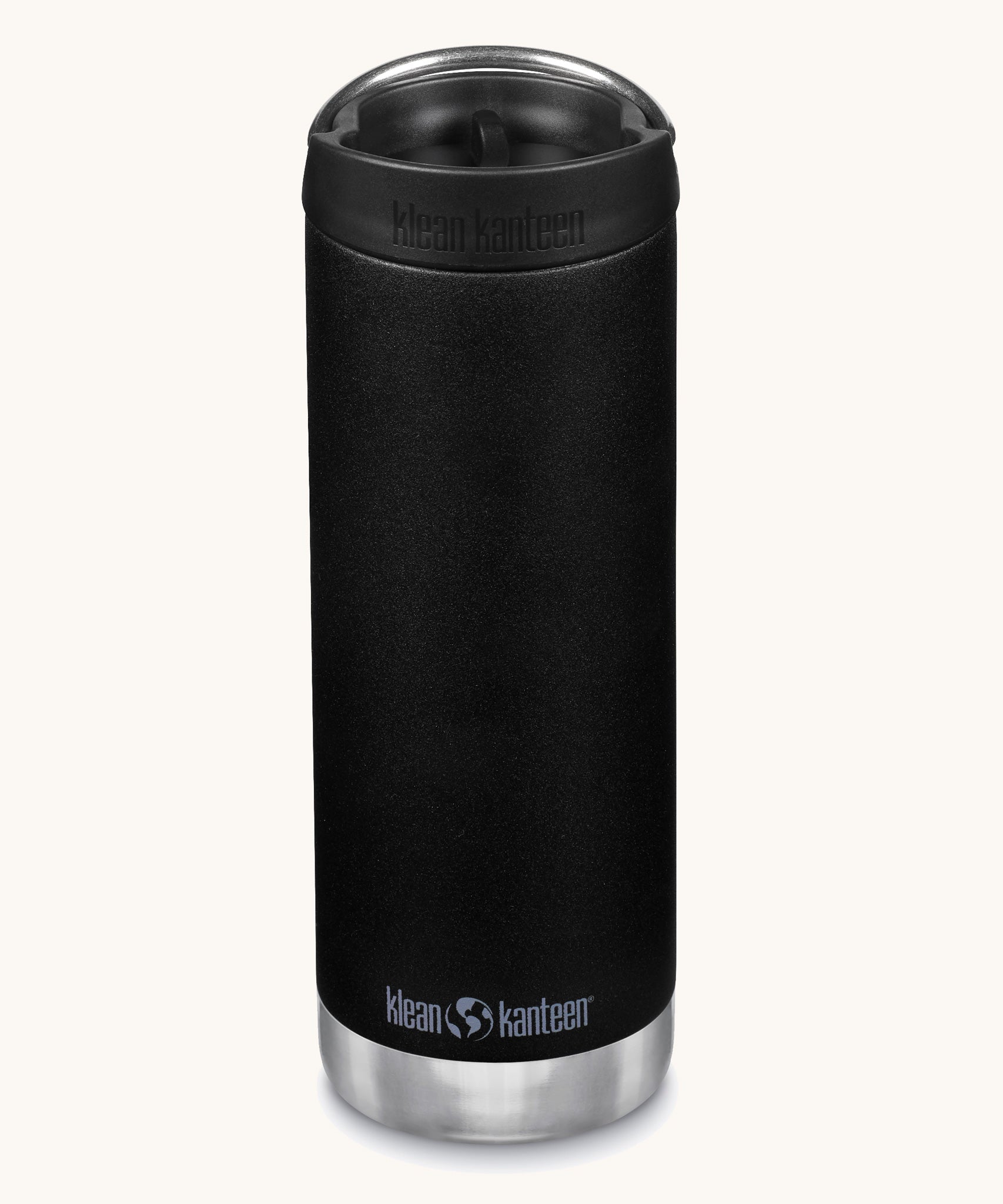 A Klean Kanteen 16oz TKWide in black colour with black Cafe cap on a plain background. 