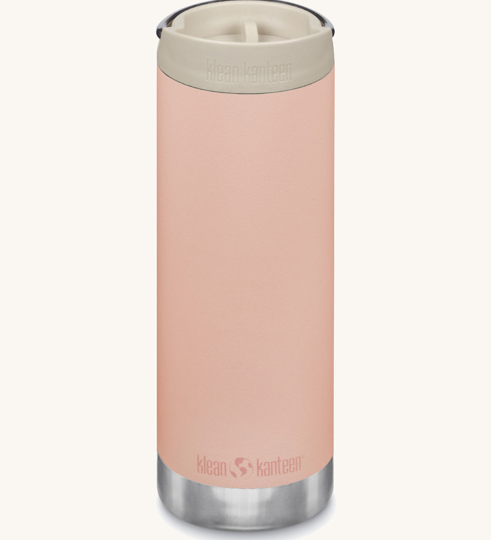 A Klean Kanteen 16oz TKWide in Parfair Pink colour with taupe Cafe cap on a plain background. 