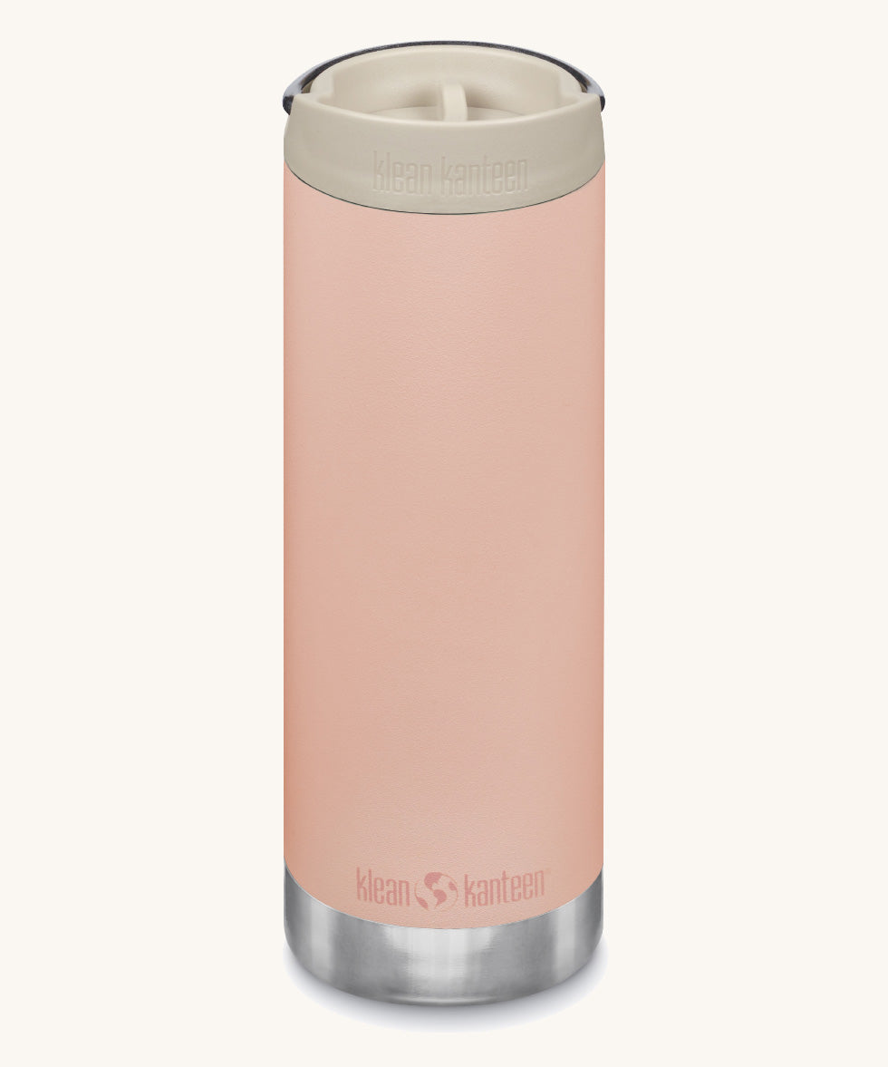 A Klean Kanteen 16oz TKWide in Parfair Pink colour with taupe Cafe cap on a plain background. 