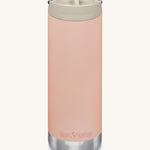 A Klean Kanteen 16oz TKWide in Parfair Pink colour with taupe Cafe cap on a plain background. 