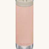 A Klean Kanteen 16oz TKWide in Parfair Pink colour with taupe Cafe cap on a plain background. 