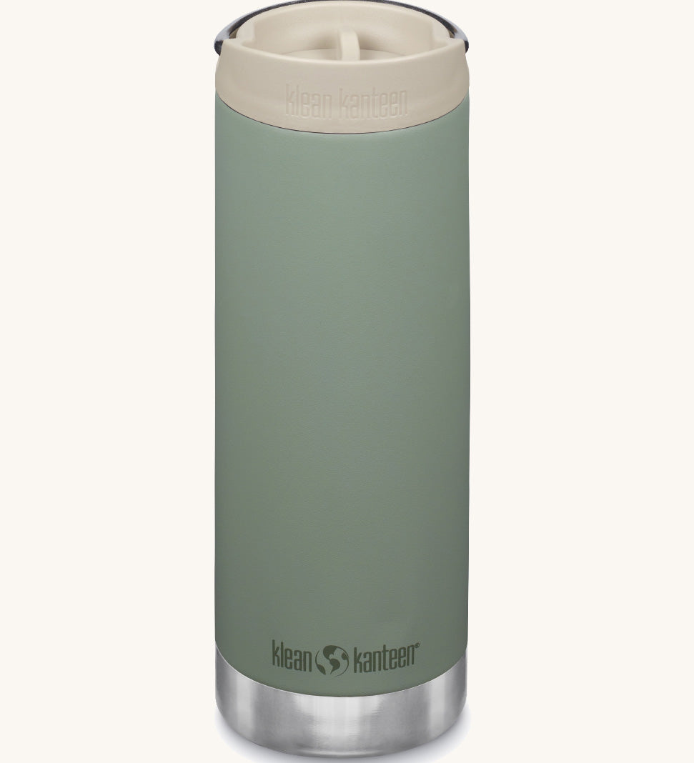 A Klean Kanteen 16oz TKWide in Sea Spray green colour with taupe Cafe cap on a plain background. 