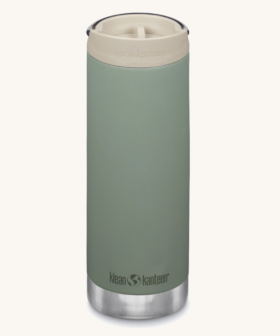 A Klean Kanteen 16oz TKWide in Sea Spray green colour with taupe Cafe cap on a plain background. 