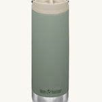 A Klean Kanteen 16oz TKWide in Sea Spray green colour with taupe Cafe cap on a plain background. 