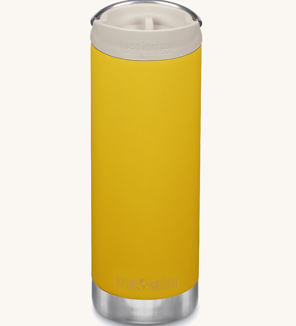 A Klean Kanteen 16oz TKWide in Sunset Yellow colour with taupe Cafe cap on a plain background. 