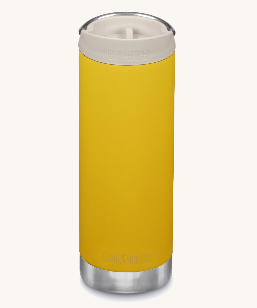 A Klean Kanteen 16oz TKWide in Sunset Yellow colour with taupe Cafe cap on a plain background. 