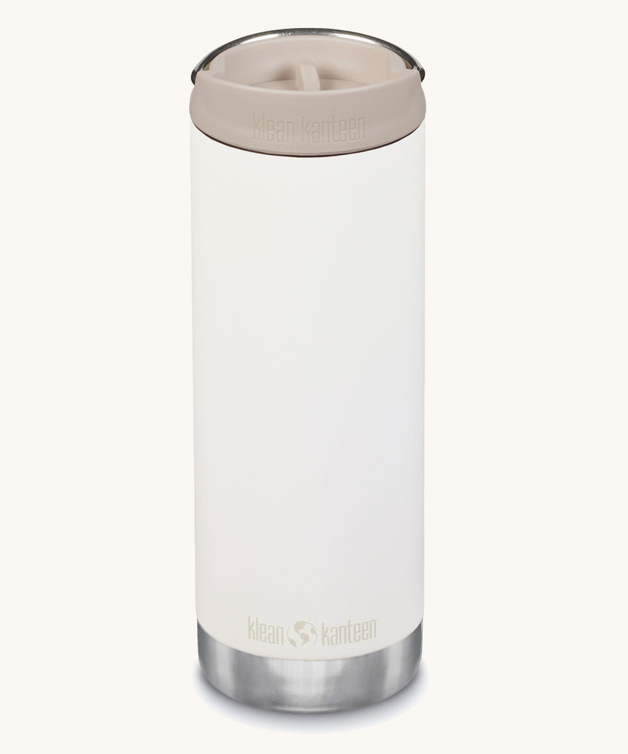 A Klean Kanteen 16oz TKWide in Tofu colour with taupe Cafe cap on a plain background. 