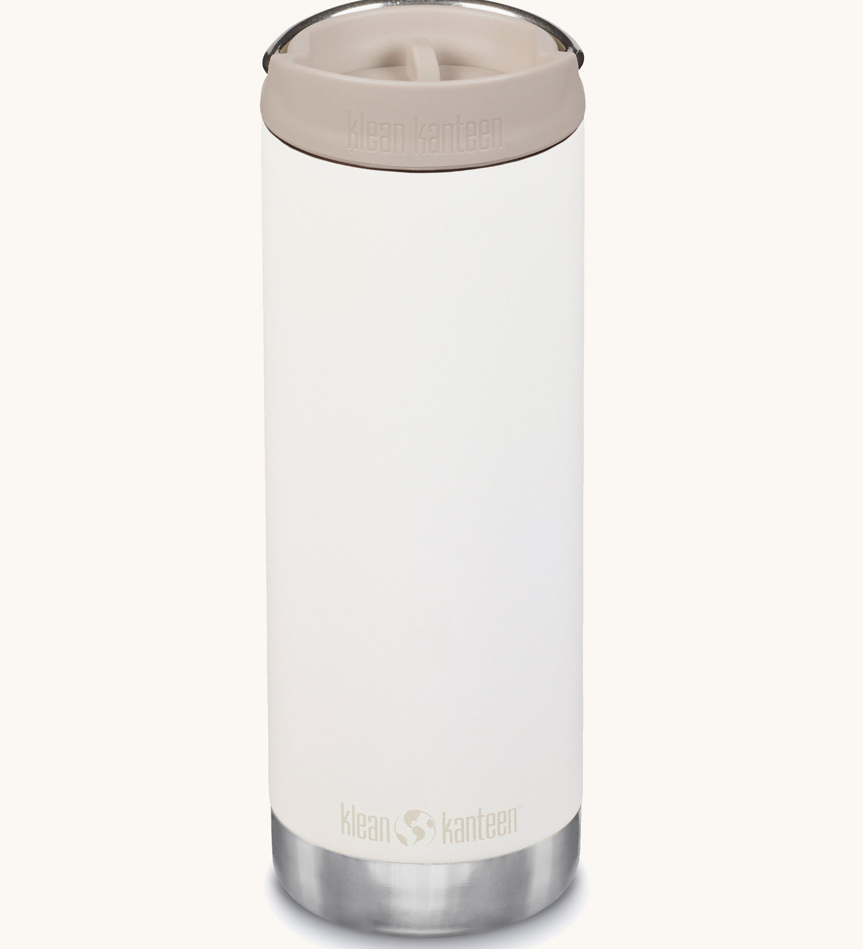 A Klean Kanteen 16oz TKWide in Tofu colour with taupe Cafe cap on a plain background. 