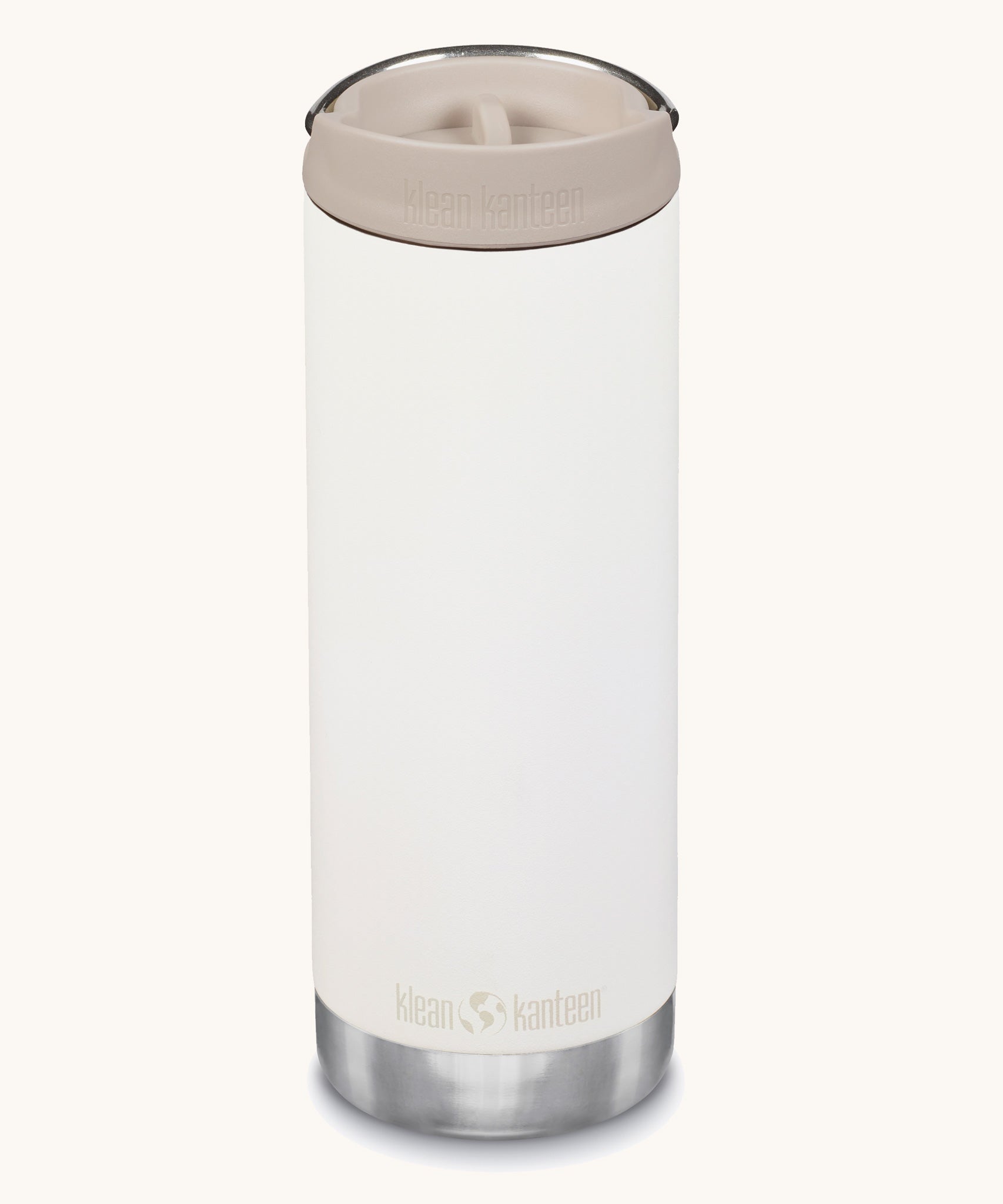 A Klean Kanteen 16oz TKWide in Tofu colour with taupe Cafe cap on a plain background. 