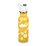 Limited EditionKlean Kanteen 18oz / 532ml Classic Narrow Sports Cap Bottle - Sunny Bunny. A sunshine yellow bottle, with fun sun, clouds, chicks and flower print on a white background