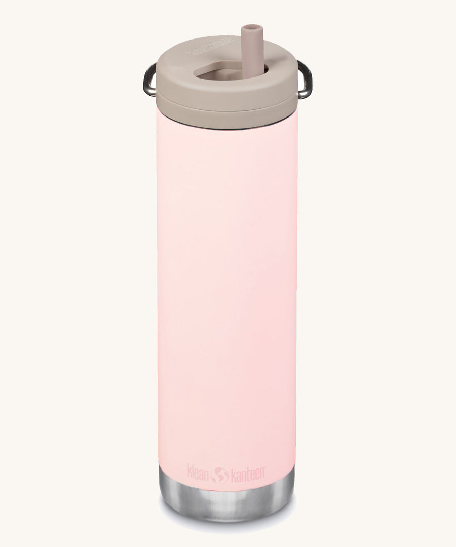 A Klean Kanteen 20oz TKWide in peach parfait with 
 a taupe Twist Cap on a plain background. 