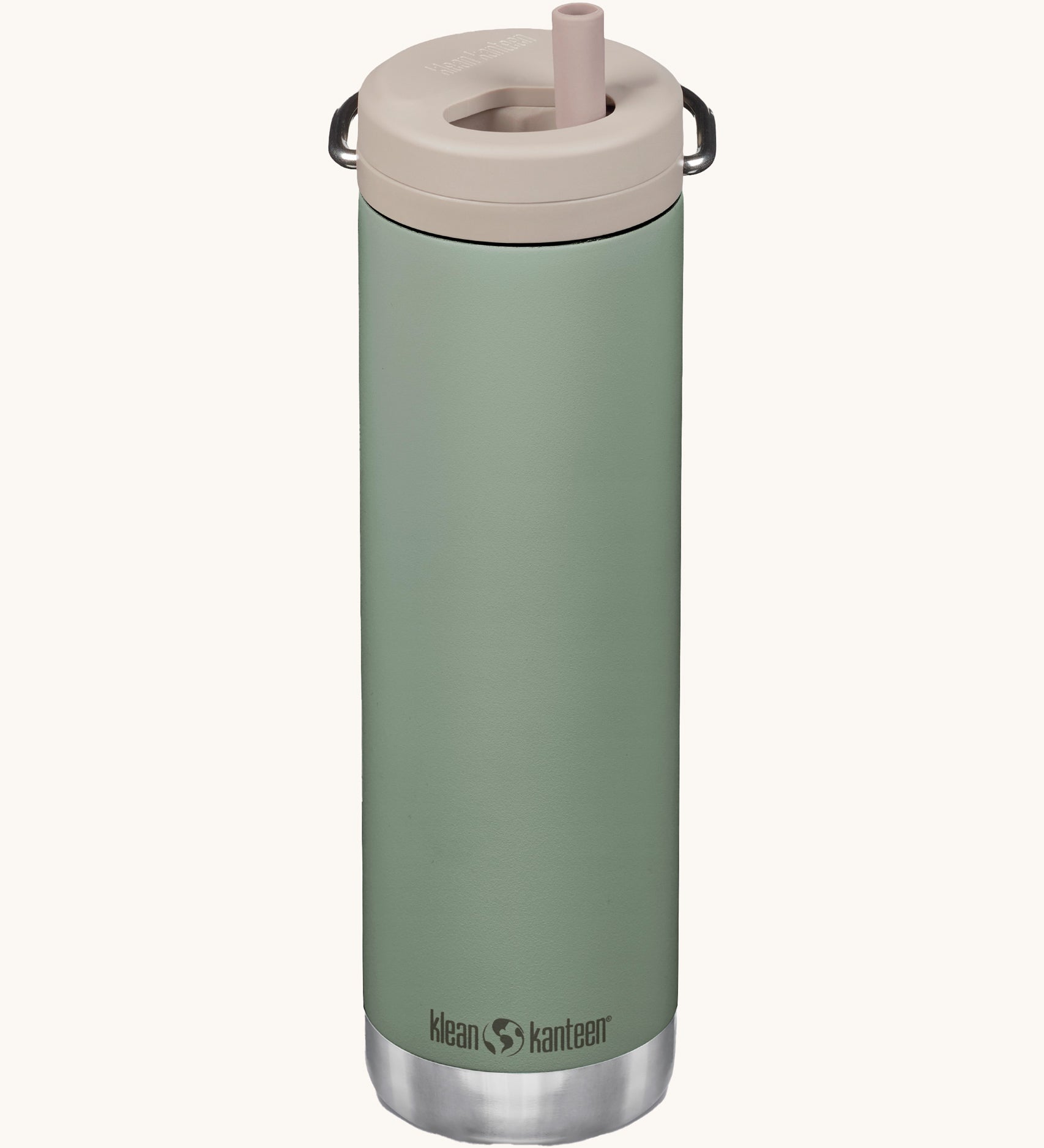 A Klean Kanteen 20oz TKWide in seas spray green with 
 a taupe Twist Cap on a plain background. 