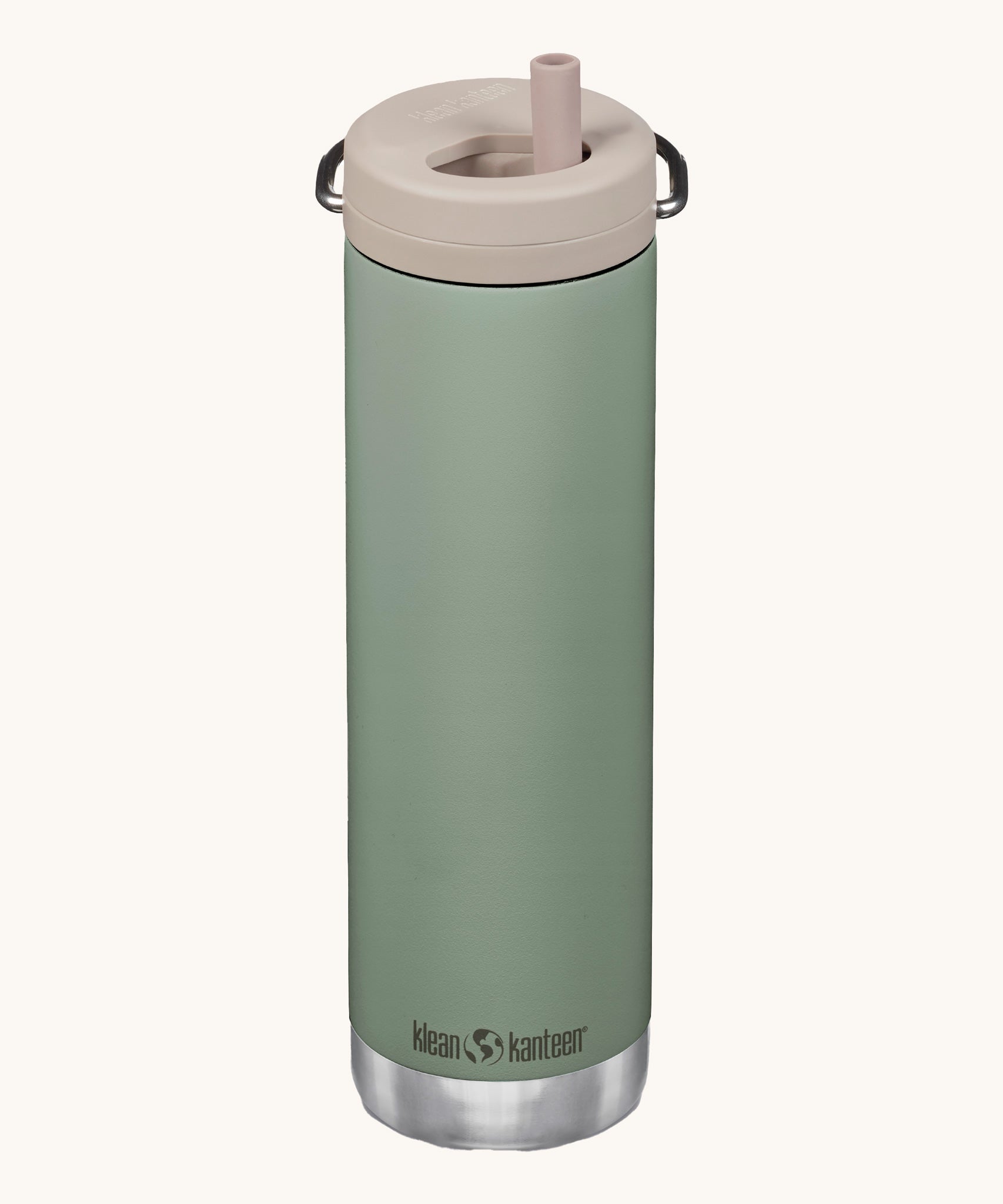 A Klean Kanteen 20oz TKWide in seas spray green with 
 a taupe Twist Cap on a plain background. 