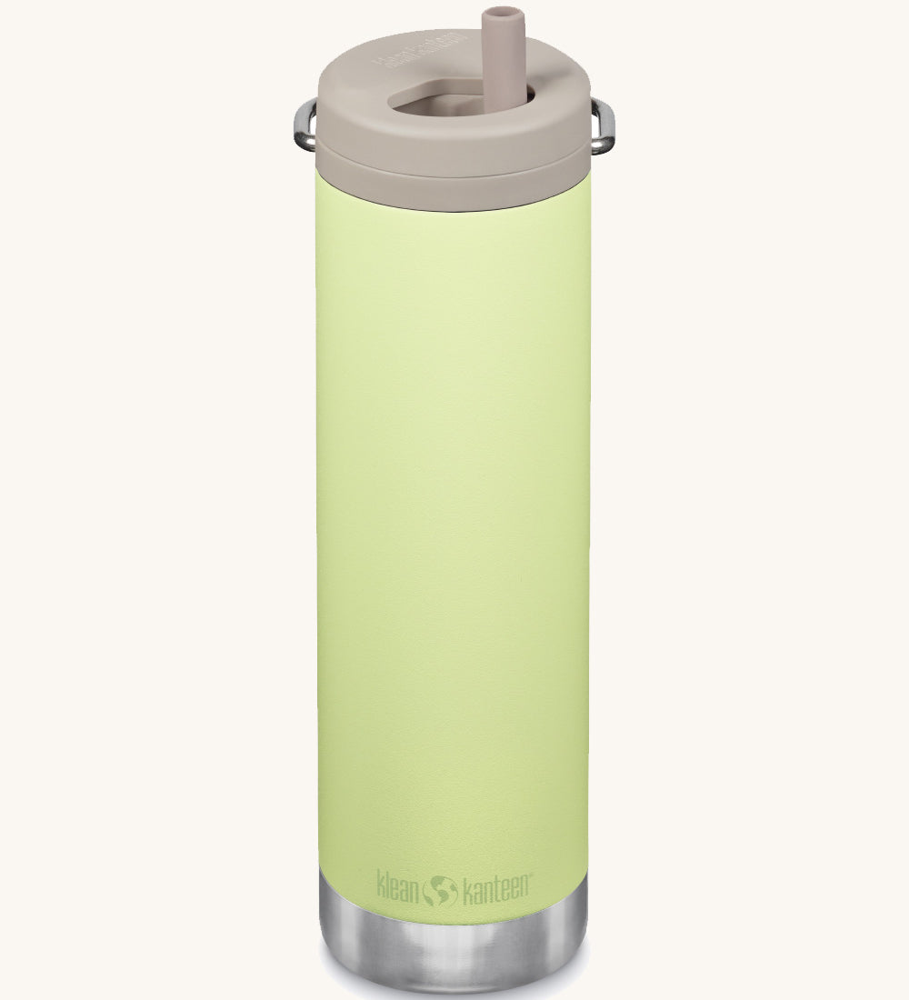 A Klean Kanteen 20oz TKWide in shadow lime with 
 a taupe Twist Cap on a plain background. 