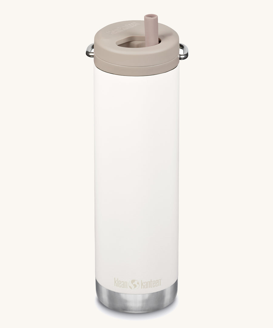 A Klean Kanteen 20oz TKWide in tofu white with 
 a taupe Twist Cap on a plain background. 