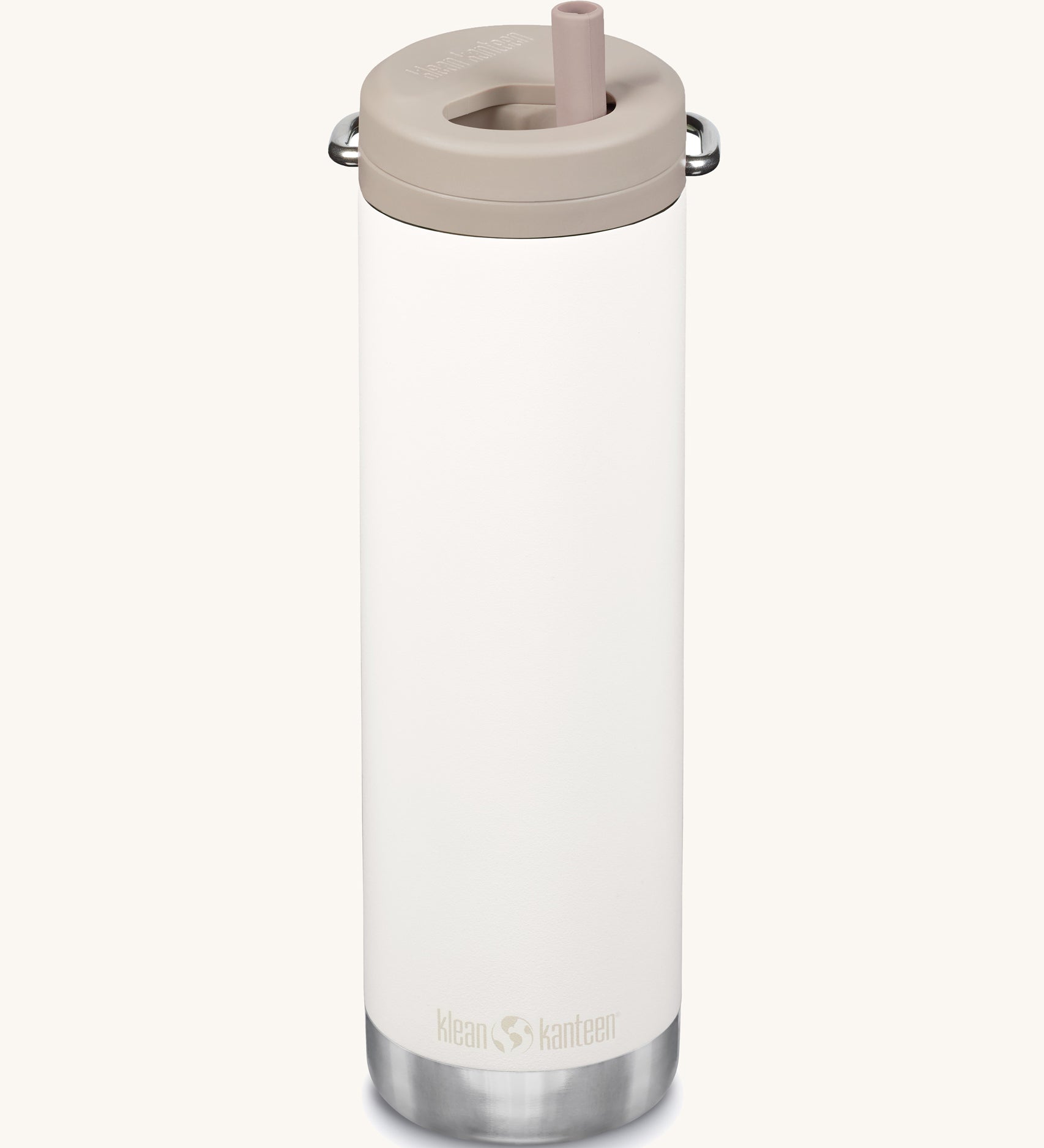 A Klean Kanteen 20oz TKWide in tofu white with 
 a taupe Twist Cap on a plain background. 