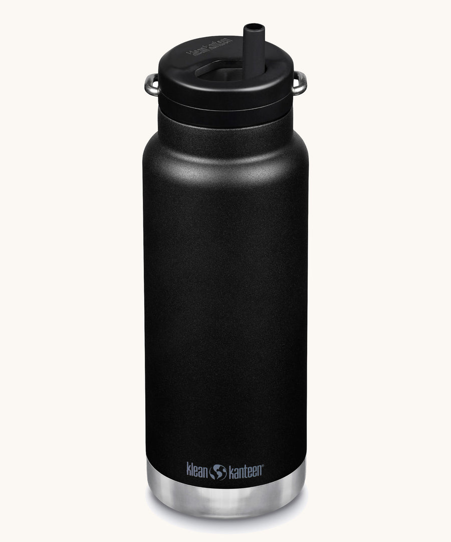 A Klean Kanteen 32oz black coloured TKWide with a Twist Straw Cap on a plain background.