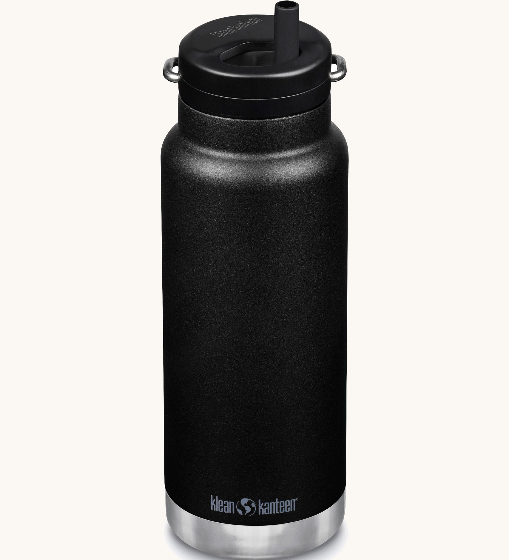 A Klean Kanteen 32oz black coloured TKWide with a Twist Straw Cap on a plain background.