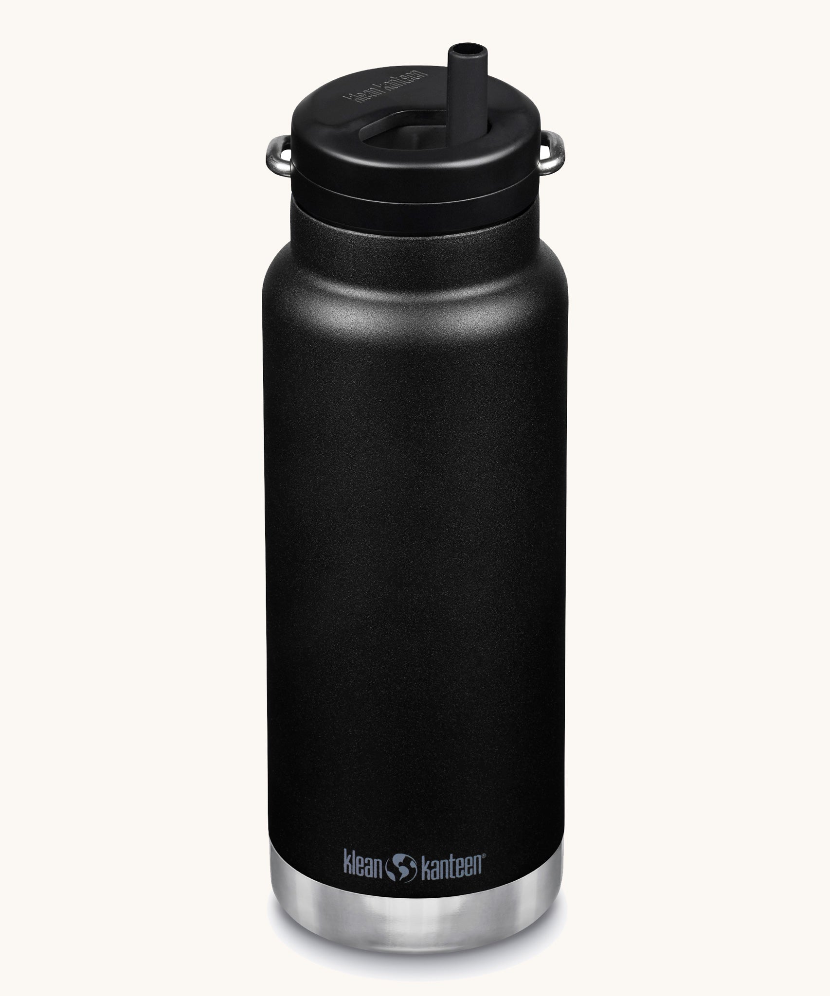 A Klean Kanteen 32oz black coloured TKWide with a Twist Straw Cap on a plain background.