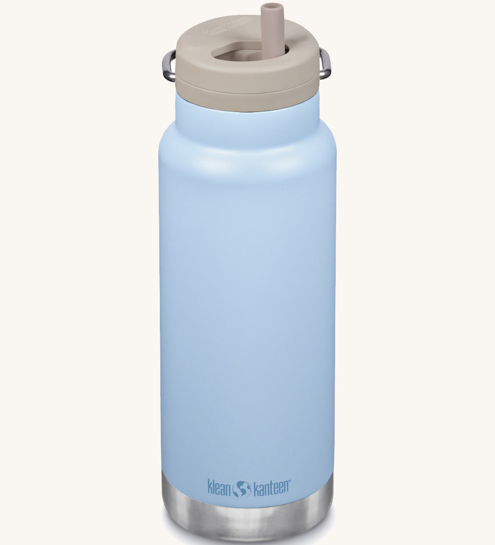 A Klean Kanteen 32oz clear sky coloured TKWide with taupe coloured Twist Straw Cap on a plain background.