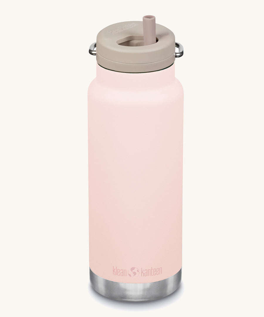 A Klean Kanteen 32oz peach parfait pink coloured TKWide with taupe coloured Twist Straw Cap on a plain background.