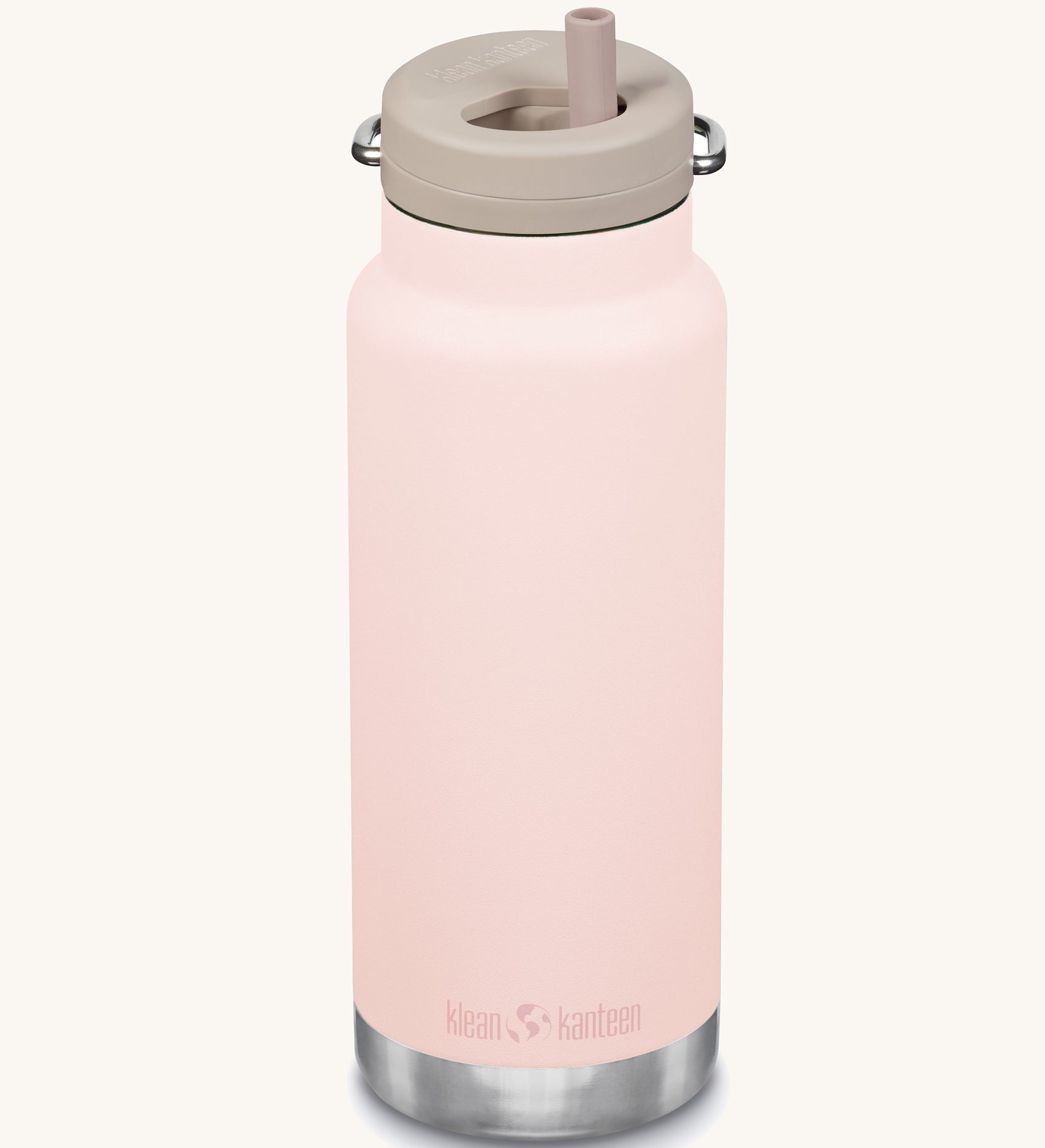 A Klean Kanteen 32oz peach parfait pink coloured TKWide with taupe coloured Twist Straw Cap on a plain background.