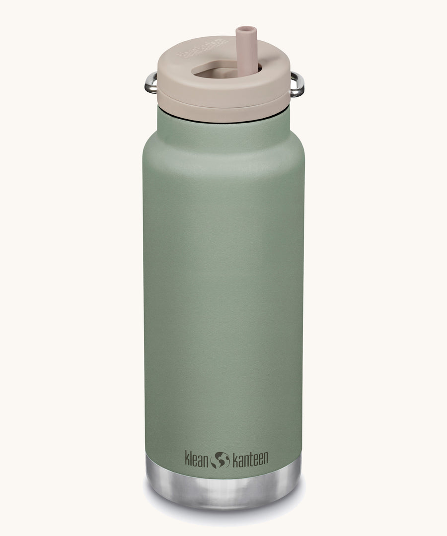 A Klean Kanteen 32oz sespray green coloured TKWide with taupe coloured Twist Straw Cap on a plain background.