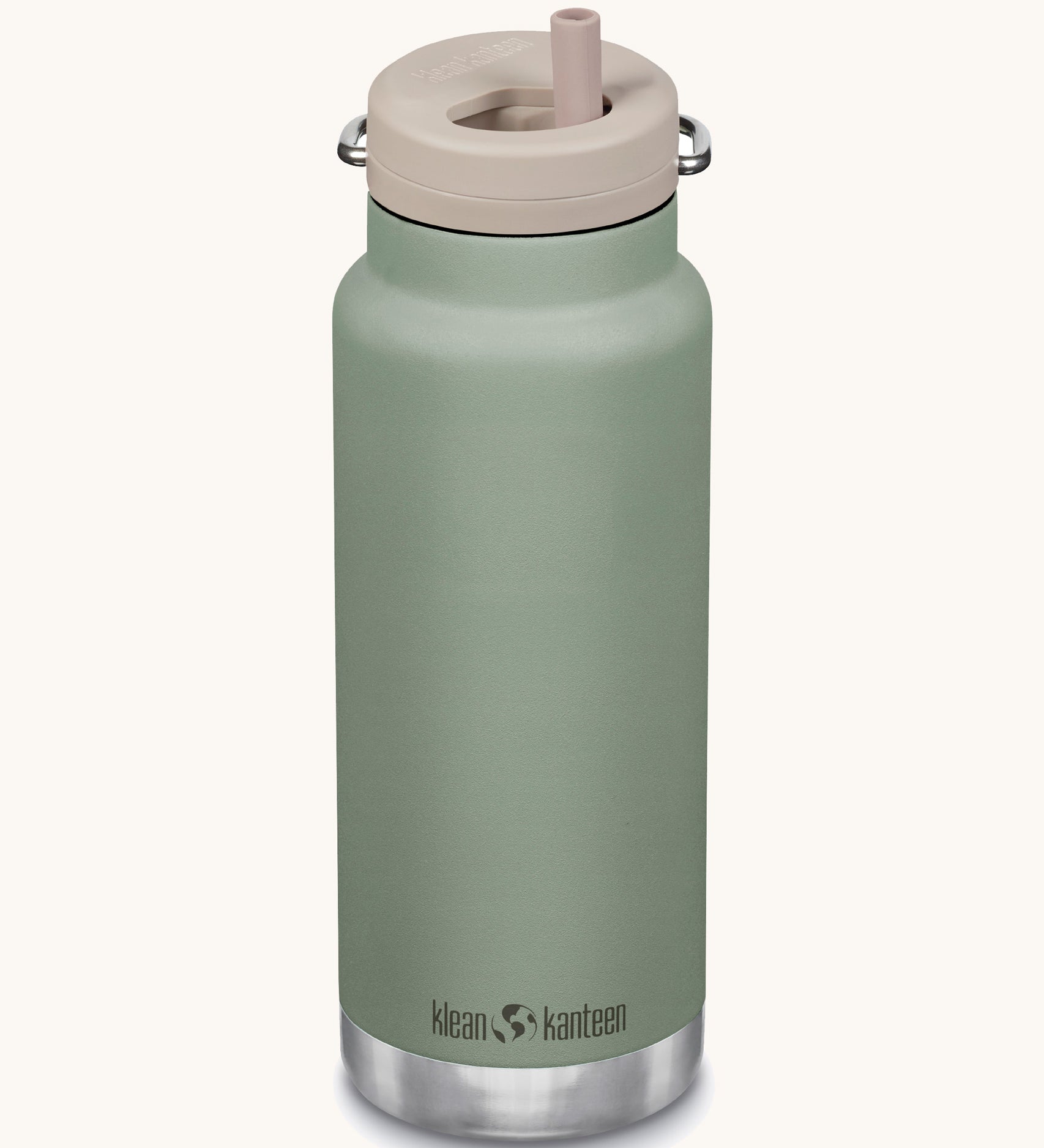 A Klean Kanteen 32oz sespray green coloured TKWide with taupe coloured Twist Straw Cap on a plain background.