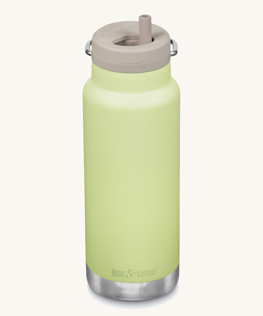 A Klean Kanteen 32oz shadow lime coloured TKWide with taupe coloured Twist Straw Cap on a plain background.