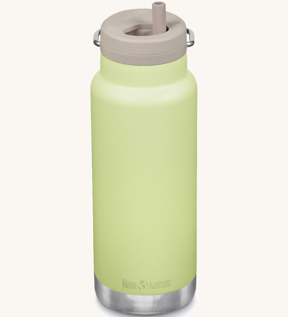 A Klean Kanteen 32oz shadow lime coloured TKWide with taupe coloured Twist Straw Cap on a plain background.