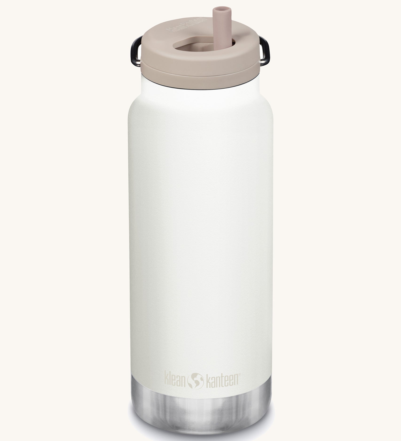 A Klean Kanteen 32oz white tofu coloured TKWide with taupe coloured Twist Straw Cap on a plain background.