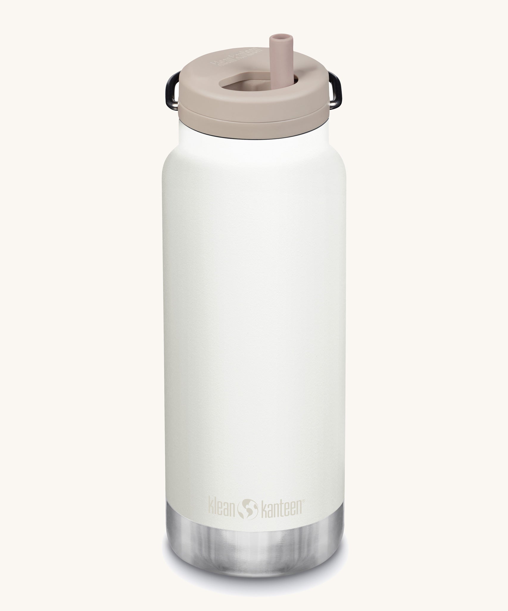 A Klean Kanteen 32oz white tofu coloured TKWide with taupe coloured Twist Straw Cap on a plain background.