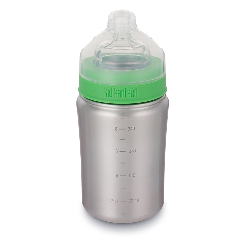 Klean Kanteen Kid Kanteen 9oz stainless steel baby bottle on a white background