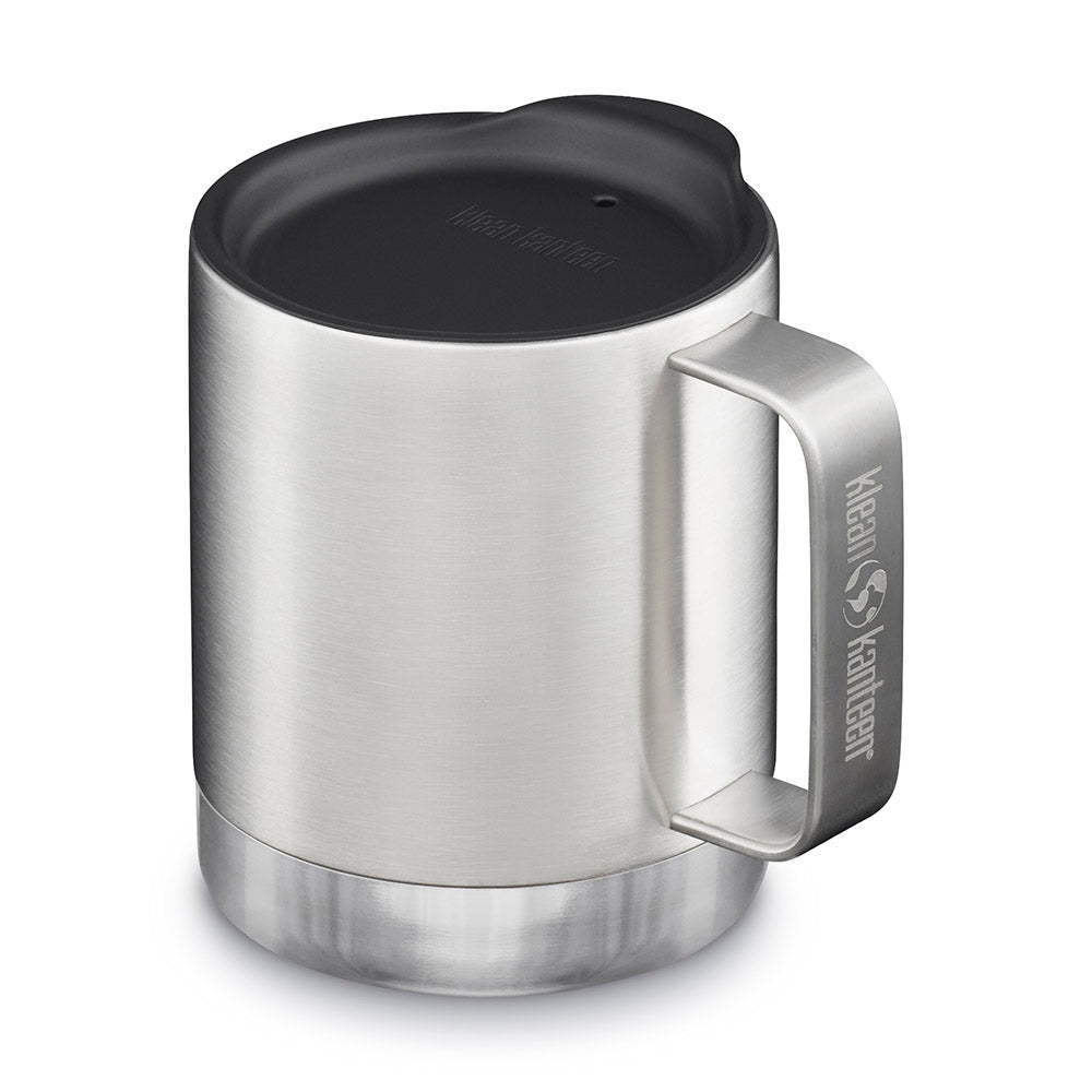 Klean Kanteen stainless steel insulated travel mug in brushed stainless on a white background