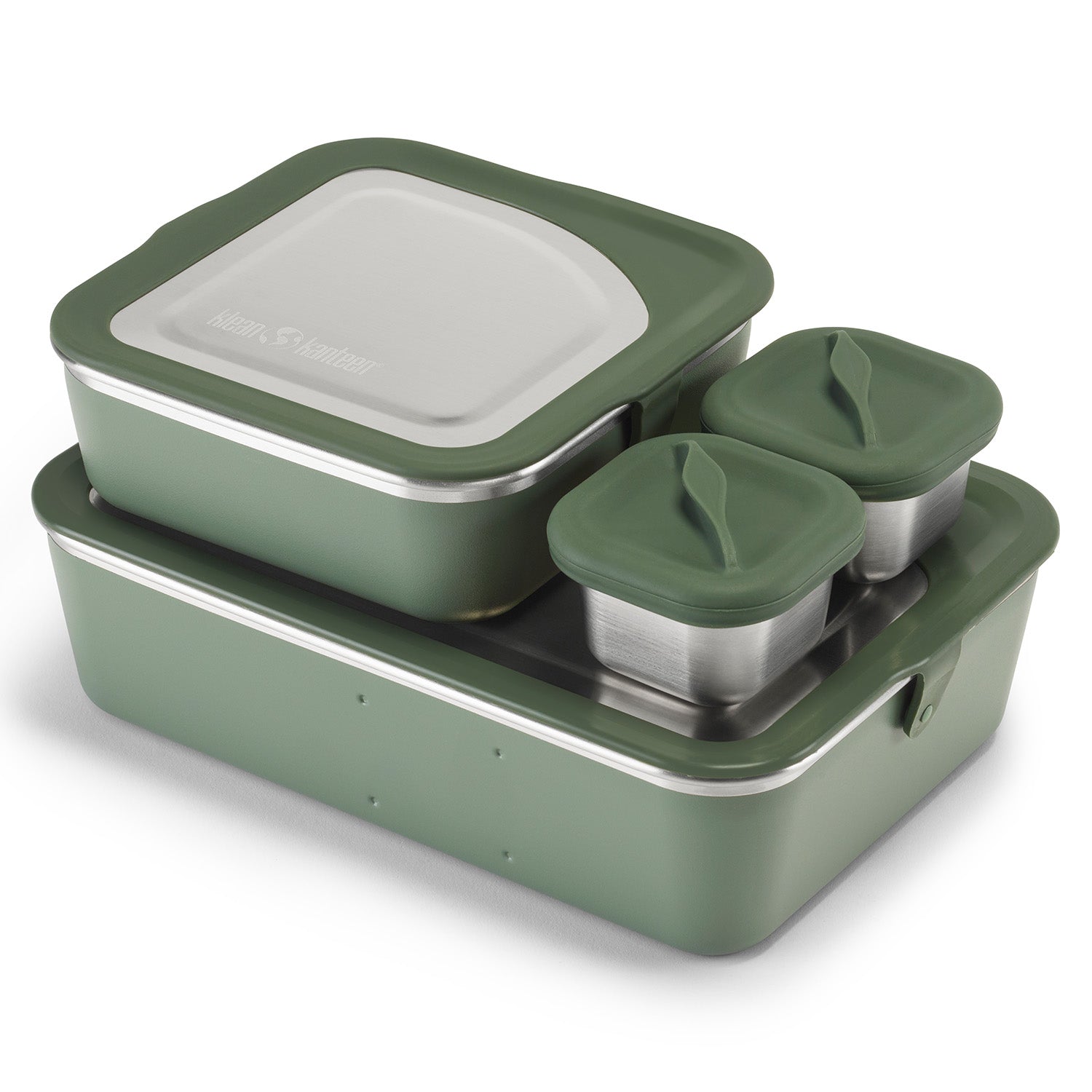 Two Klean Kanteen Rise Stainless Steel Half Snack Boxes stacked on top of a Big Meal Box and a Lunch Box (available separately from Babipur)