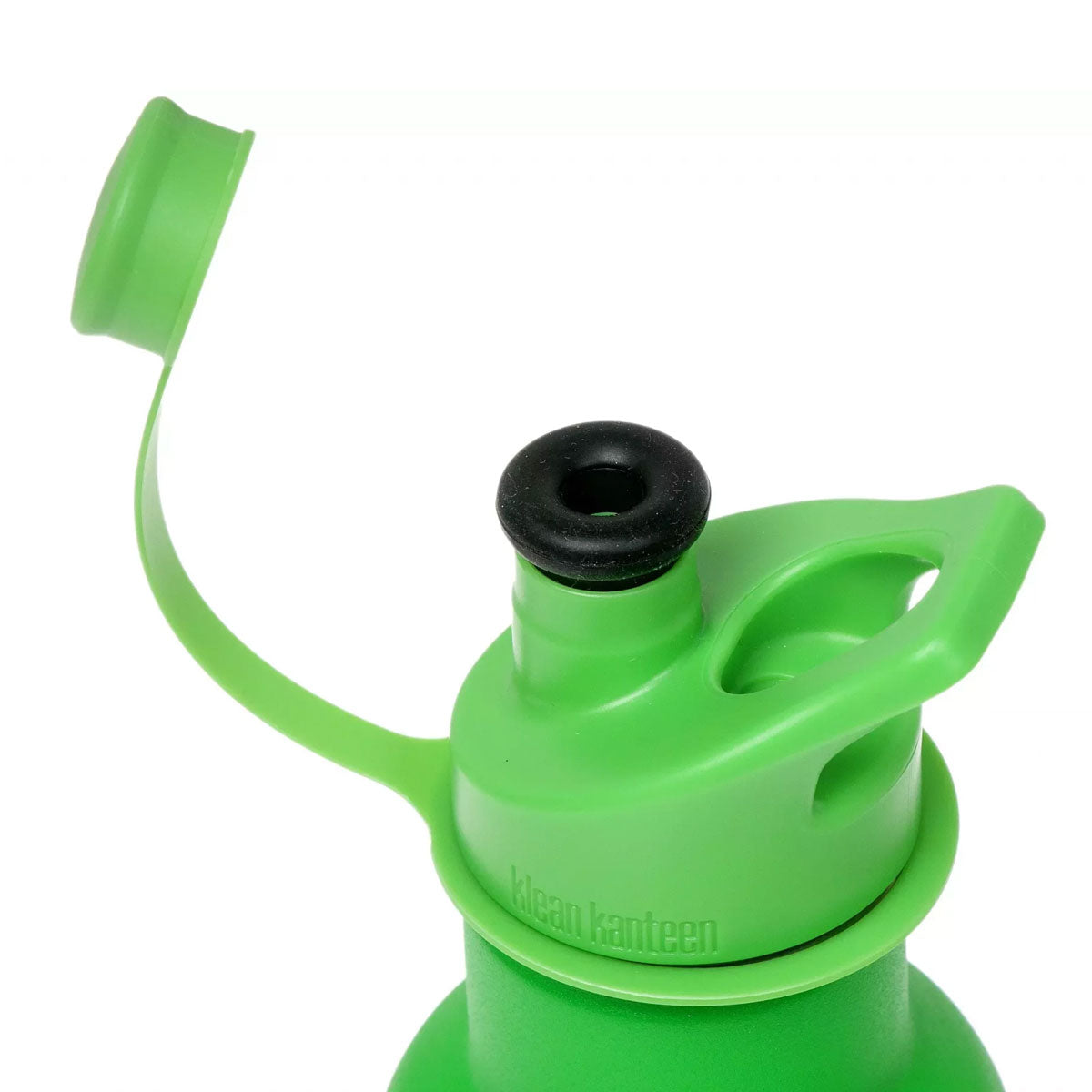 Klean Kanteen KID Sports Dust Cap - Light Green placed on a green sports cap pictured on a plain white background