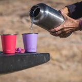 Close up of a child drinking from the Klean Kanteen reusable stainless steel straw cup in the green and blue colour