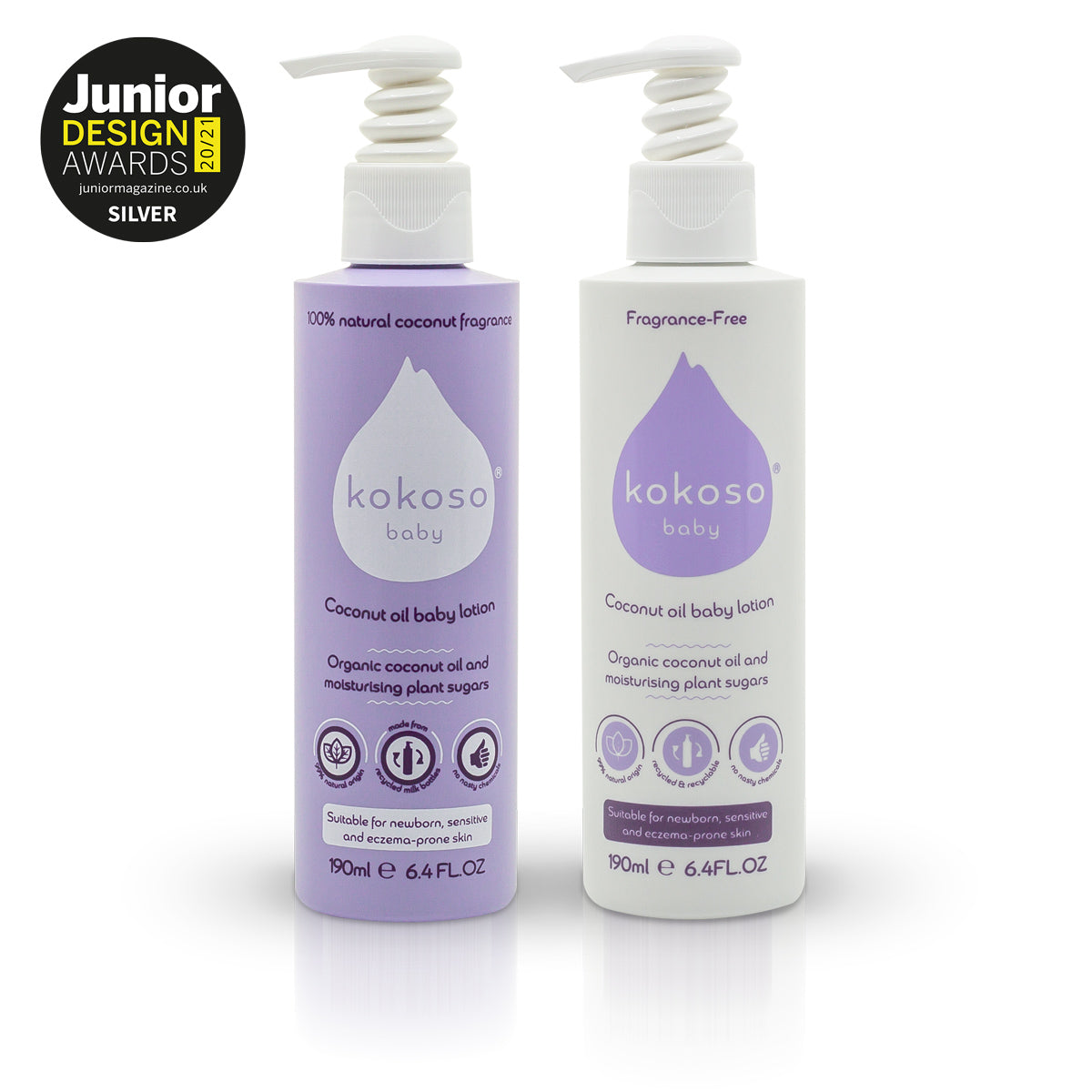 Kokoso natural coconut oil baby lotion bottles on a white background next to the Junior Design Awards Silver badge