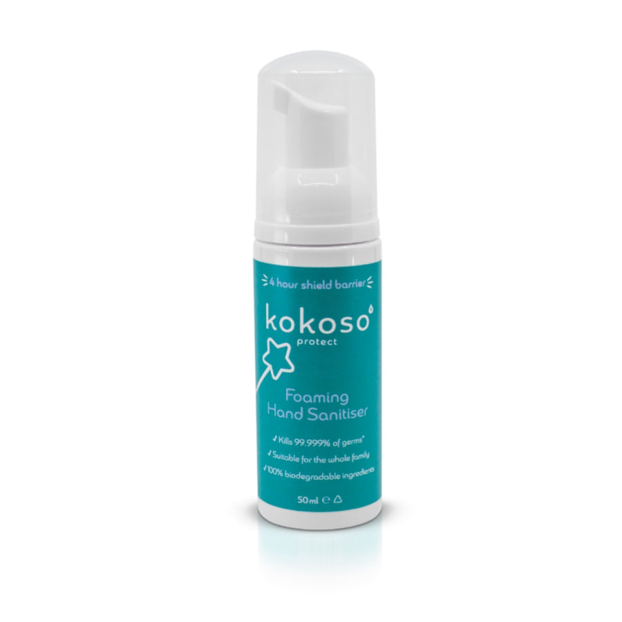 A bottle of Kokoso Foaming Hand Sanitiser, On the Go, 50ml in the middle of the picture. White background