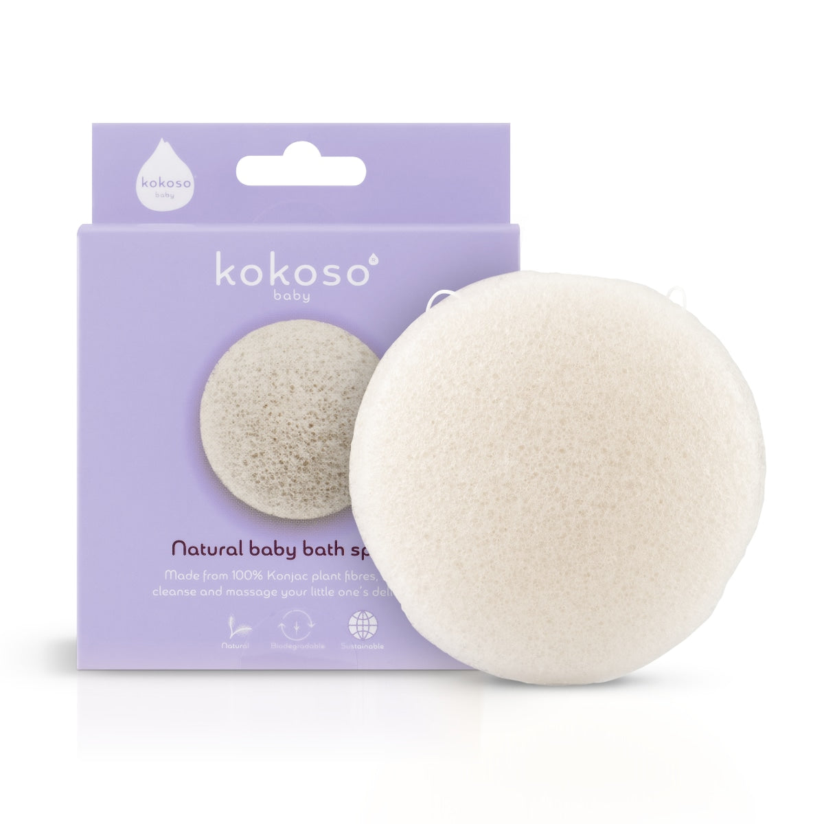 Kokoso Natural Baby Bath Konjac Sponge stood just in front of its purple box. White background