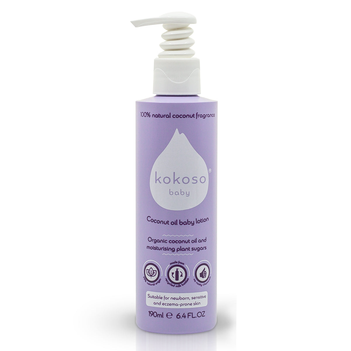 Kokoso organic coconut oil baby lotion bottle on a white background