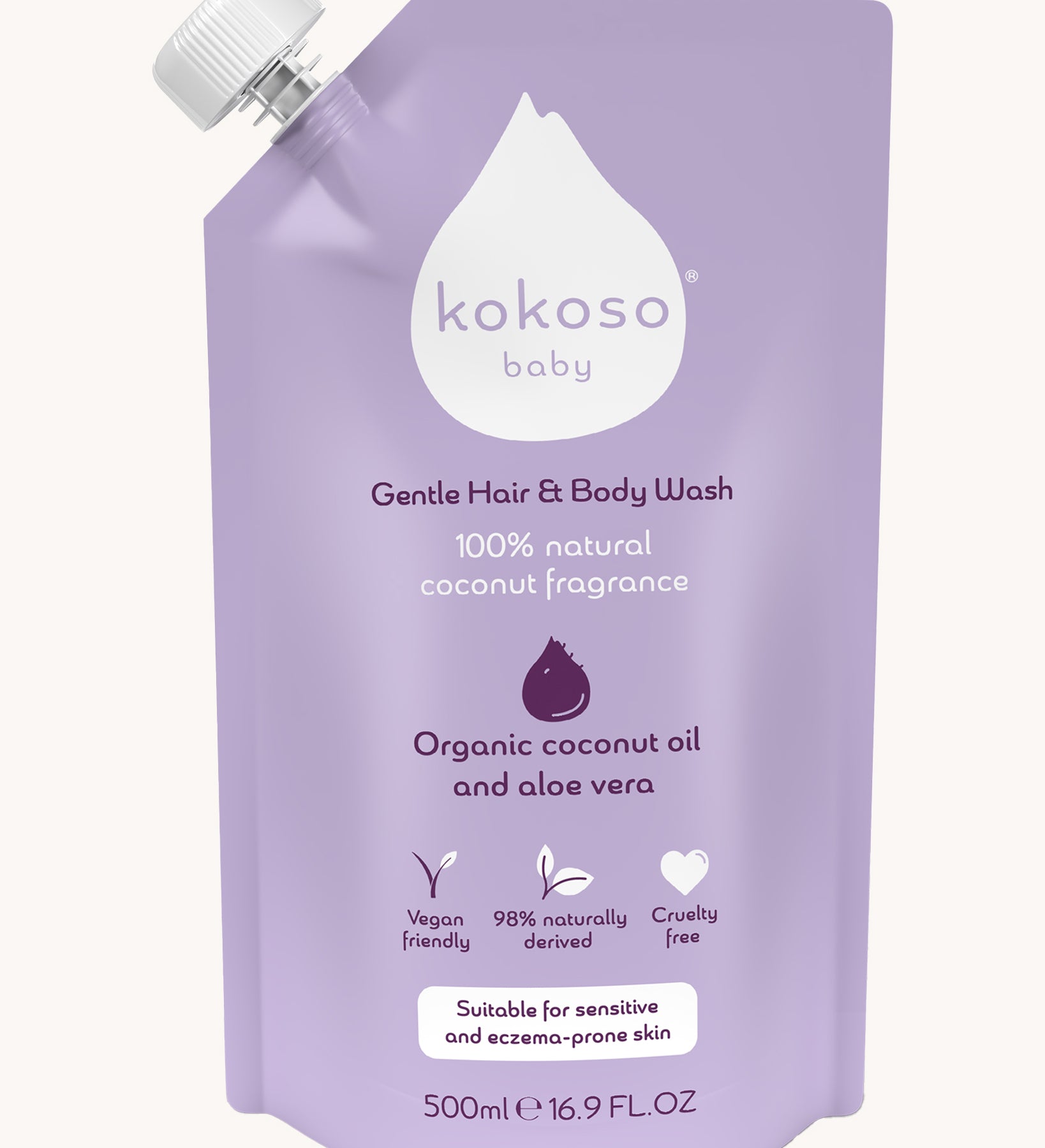 Kokoso Gentle Hair & Body Wash, 100% Natural Coconut Fragrance pouch on a cream background