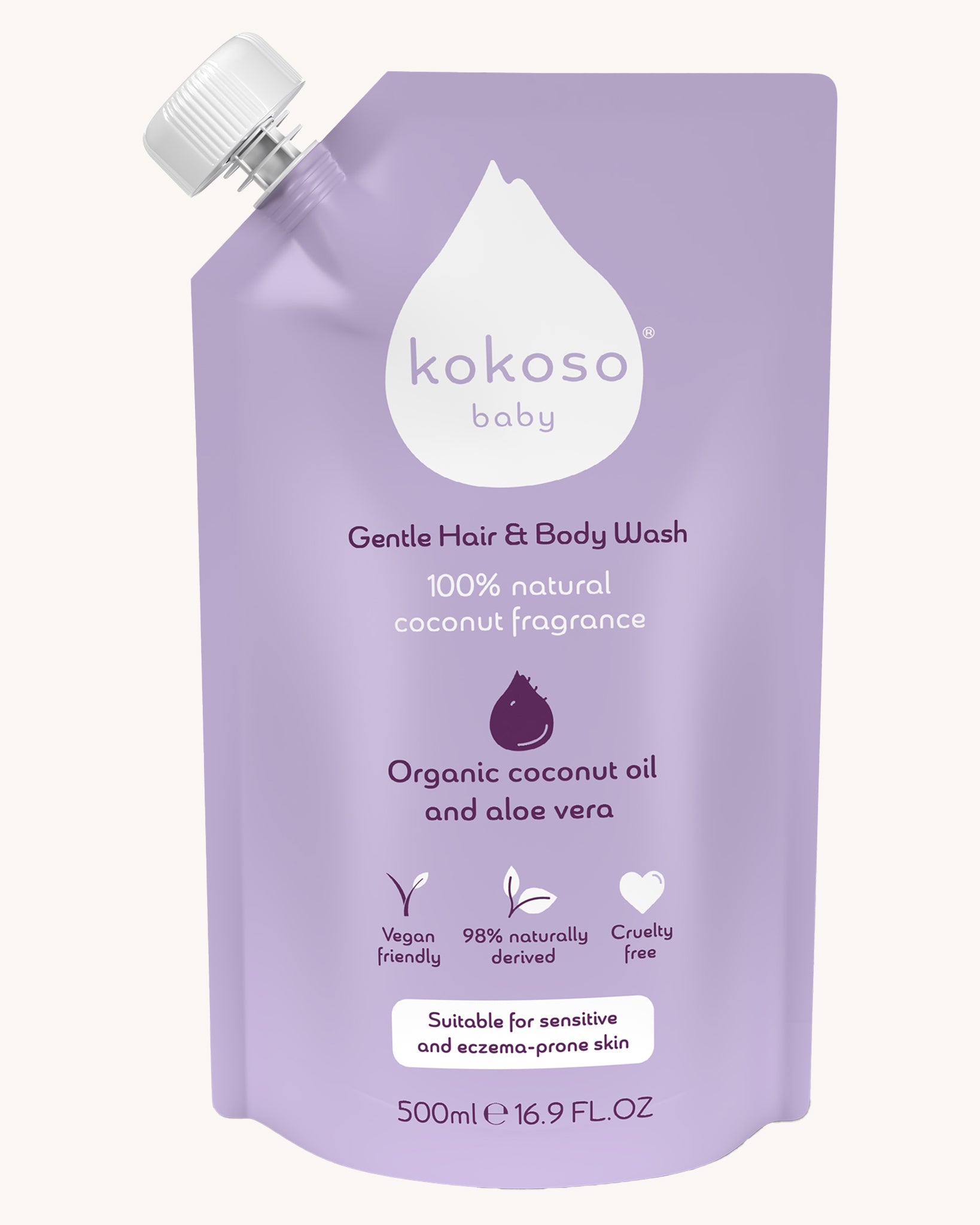 Kokoso Gentle Hair & Body Wash, 100% Natural Coconut Fragrance pouch on a cream background