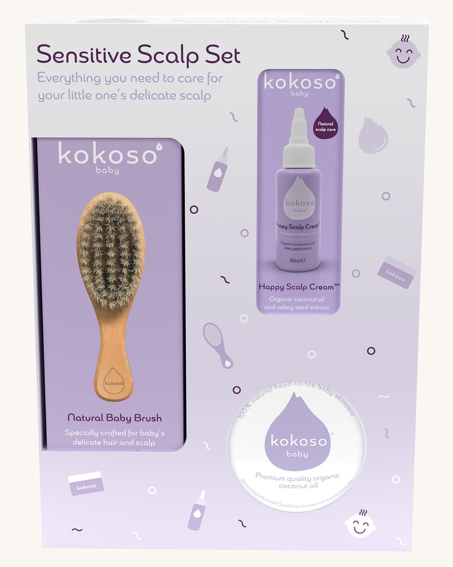 The Sensitive Scalp Set box, includes Scalp Cream, Natural Baby Brush and and organic Coconut oil, on a cream background