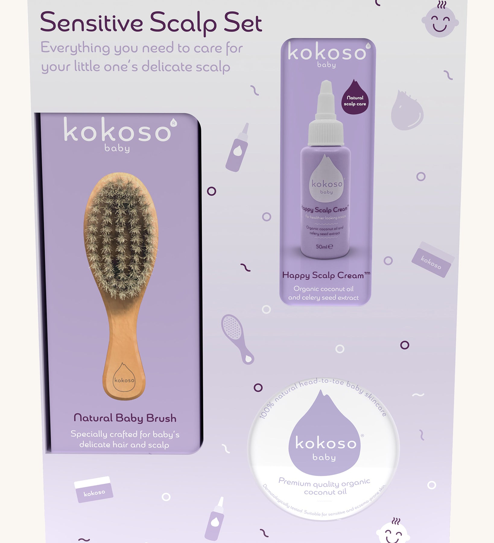 The Sensitive Scalp Set box, includes Scalp Cream, Natural Baby Brush and and organic Coconut oil, on a cream background